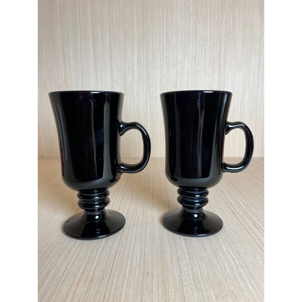 Vintage Black Milk Glass Irish Coffee Mugs Footed Pedestal Set/2 Goth Ebony MCM